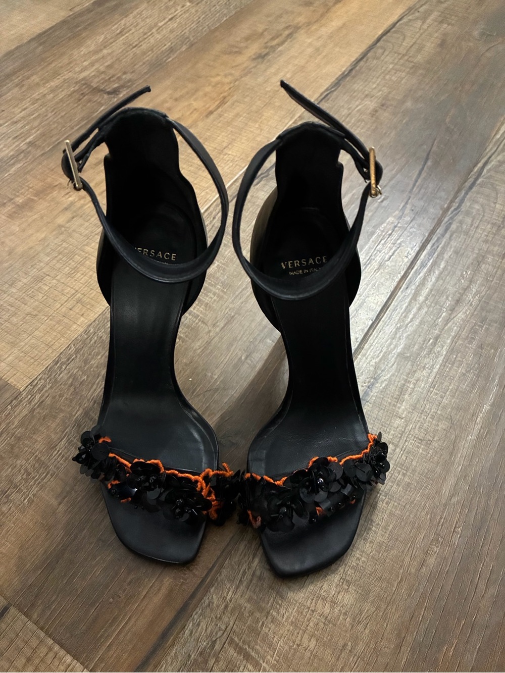 Versace Black Leather Fiore Paillettes heels